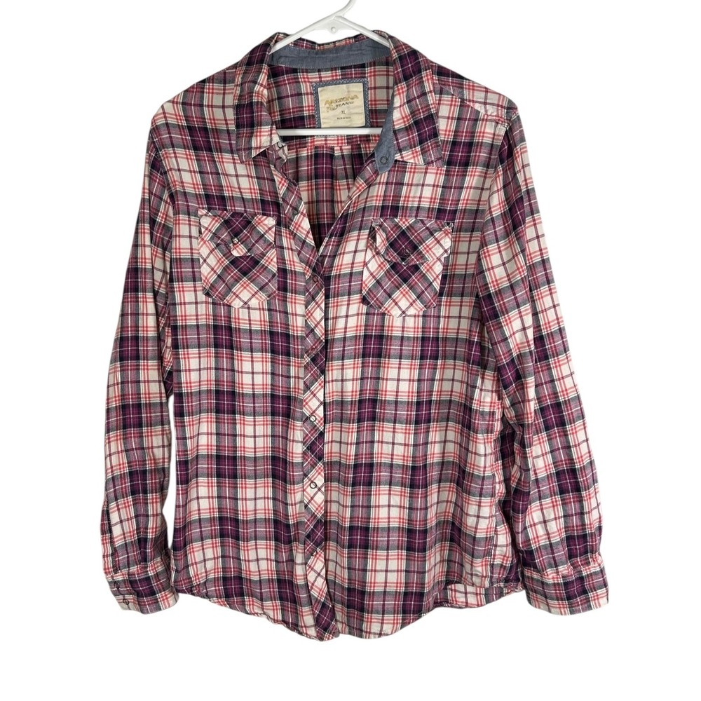 Arizona Jean Co Womens XL Purple Pink Plaid Flannel Snap Front Western Shirt